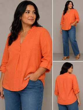 Ellen Tracy Orange Linen Blend Band Collar Popover Blouse
Z147